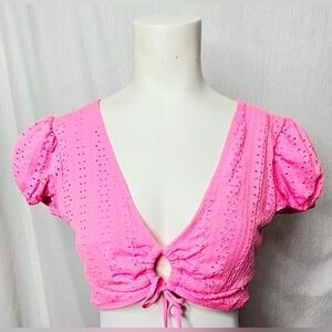 Celebrity Pink Eyelet Puff Sleeve Crop Top